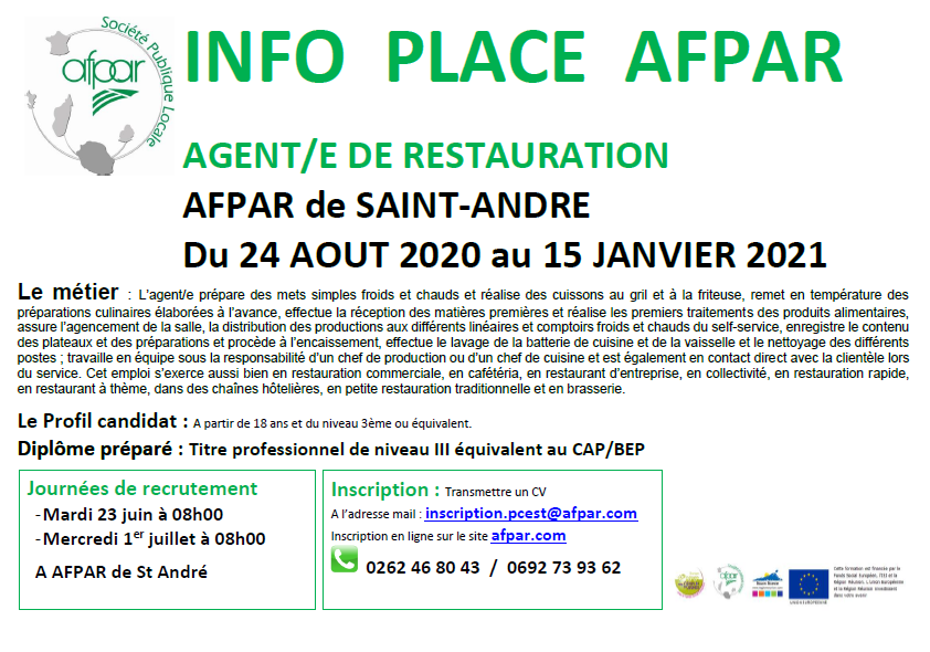 Formation de AGENT/E de restauration proposée à l’AFPAR de St André