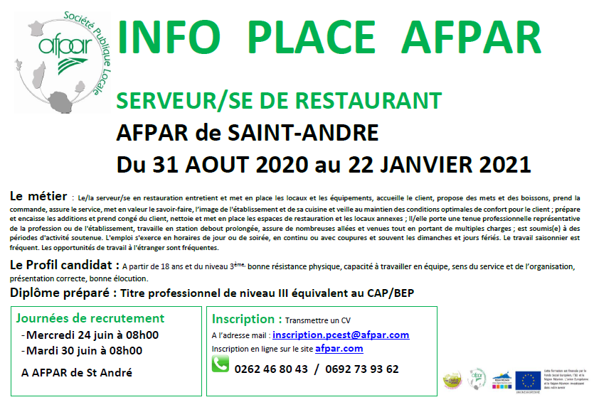 Formation de SERVEUR/SE de restaurant proposée à l’AFPAR de Saint-André.