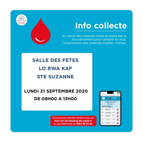 Collecte de sang le 21 septembre à la Salle des fêtes Lo Rwa Kaf